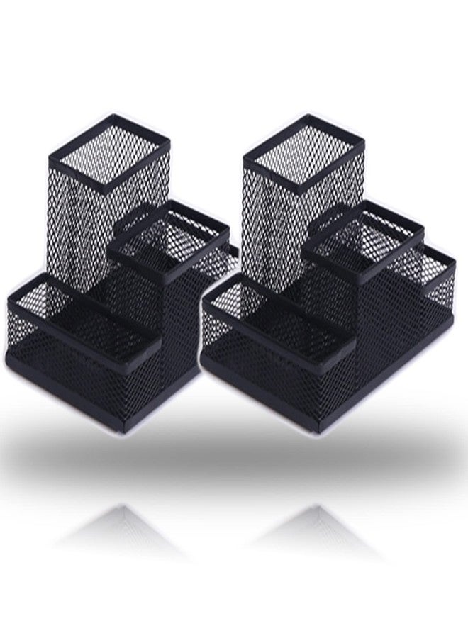 koofull 2 Packs Desk Organizer Desktop Mesh Pen Pencil Holder Caddy with 4 Compartments, Office Home School Classroom Accessories Cool Supplies (2Pcs Black) - Image 1
