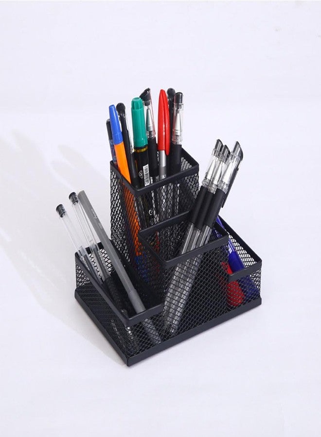 koofull 2 Packs Desk Organizer Desktop Mesh Pen Pencil Holder Caddy with 4 Compartments, Office Home School Classroom Accessories Cool Supplies (2Pcs Black) - Image 4