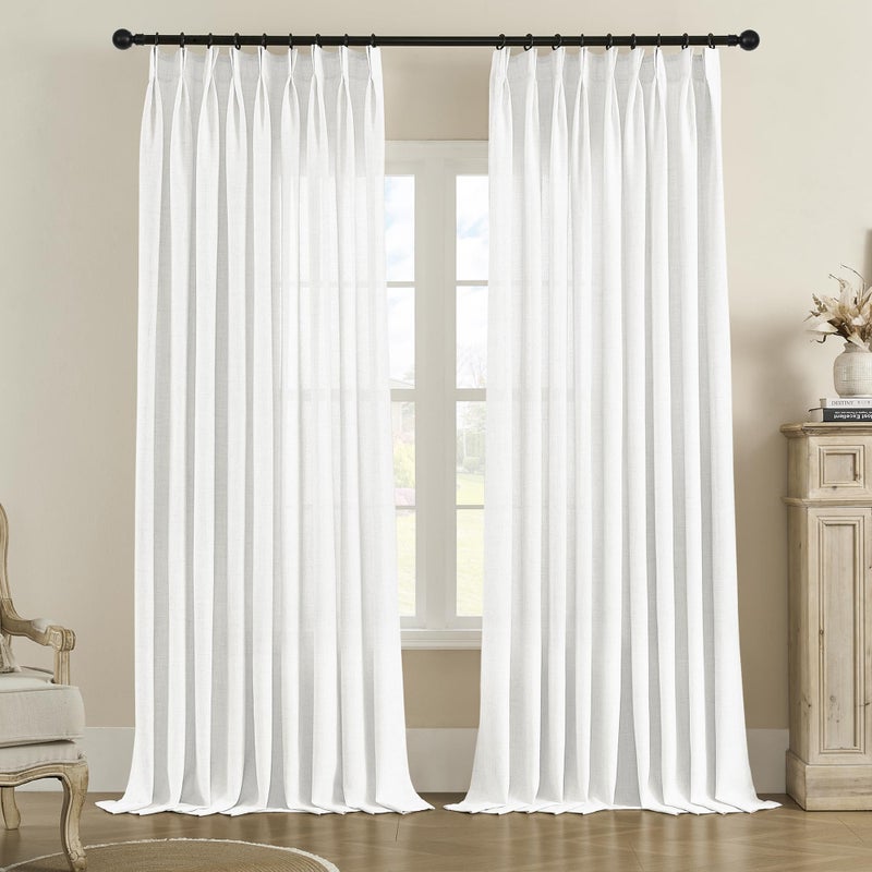 MASWOND Faux Linen Extra Wide Pinch Pleated Curtains 100W x 84L Inches Pinch Pleat Semi Sheer Drapes with Hooks for Traverse Rod and Track Light Filtering Privacy Protection 1 Panel White