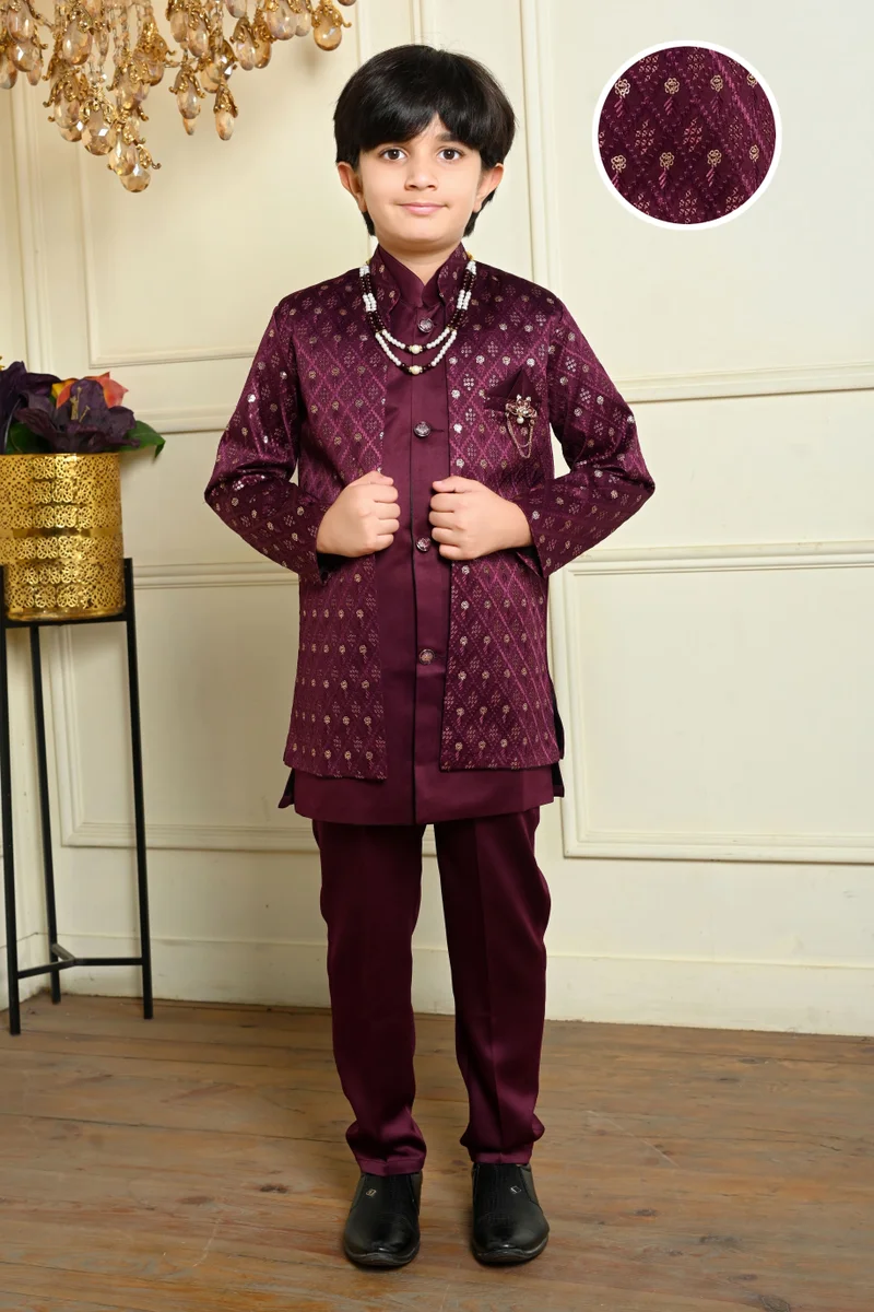 BT DEZINES Wine Satin Sherwani Set for Boys