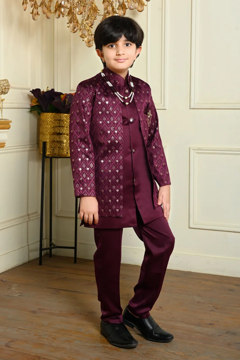 BT DEZINES Wine Satin Sherwani Set for Boys