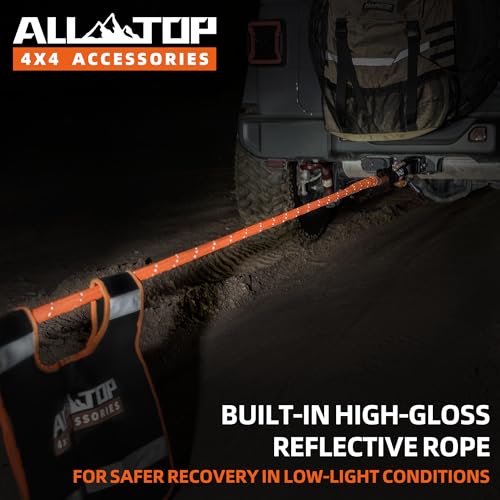 ALL-TOP Kinetic Rope Kit (Reflective) w/ 2 Soft Shackles, 48000Lbs, 1in x 30ft, Heavy Duty 30+% Elasticity, 16000Lbs Work Load Limit - Image 2