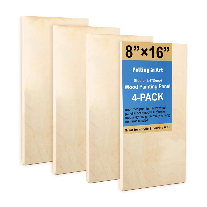 Falling in Art Unfinished Birch Wood Panels Kit for Painting Wooden Canvas 4 Pack of 8x16 Studio 34 Deep Cradle Boards for Pouring Art Crafts Burning and More