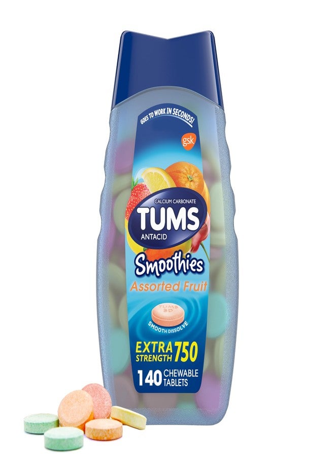 TUMS Smoothies Extra Strength Antacid Chewable Tablets for Heartburn Relief, Assorted Fruit - 140 Count - Image 1