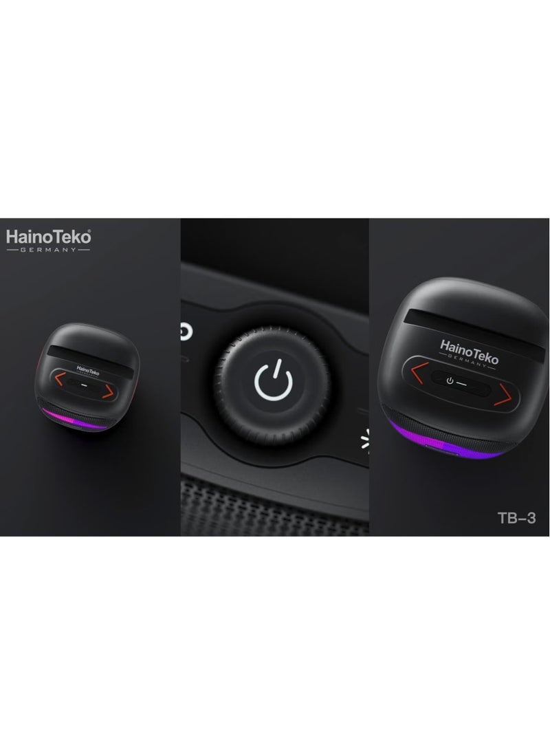 HainoTeko - TB-3 Mini Wireless Portable Bluetooth Speaker with RGB Lighting – 10W Output Power, Multi-Functional Button Control, Compact Design – Black – Premium Sound Quality, Stylish LED Light Show, and Long-Lasting Battery for Home, Outdoors, and Travel - Image 1