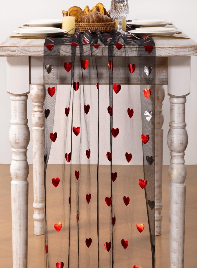 MLMC 3Pcs Black Heart Gauze Table Runner Glitter Table Runner 120 Inch 10 FT Sheer Metallic Foil Seasonal Centerpiece for Wedding Anniversary Home Party Table Decor - Image 4