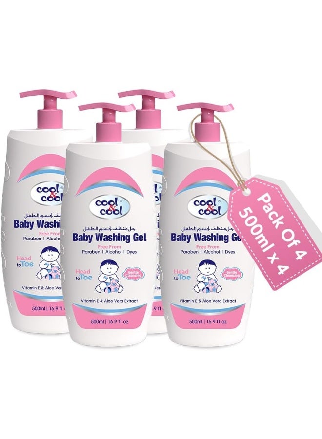 Cool & Cool Pack Of 4 Vitamin-E And Aloe Vera Extract With Extra Mild Formula Baby Washing Gel- 500Ml Head to Toe Baby Bath, Dye Free, Tear Free, Alcohol Free, Paraben-Free