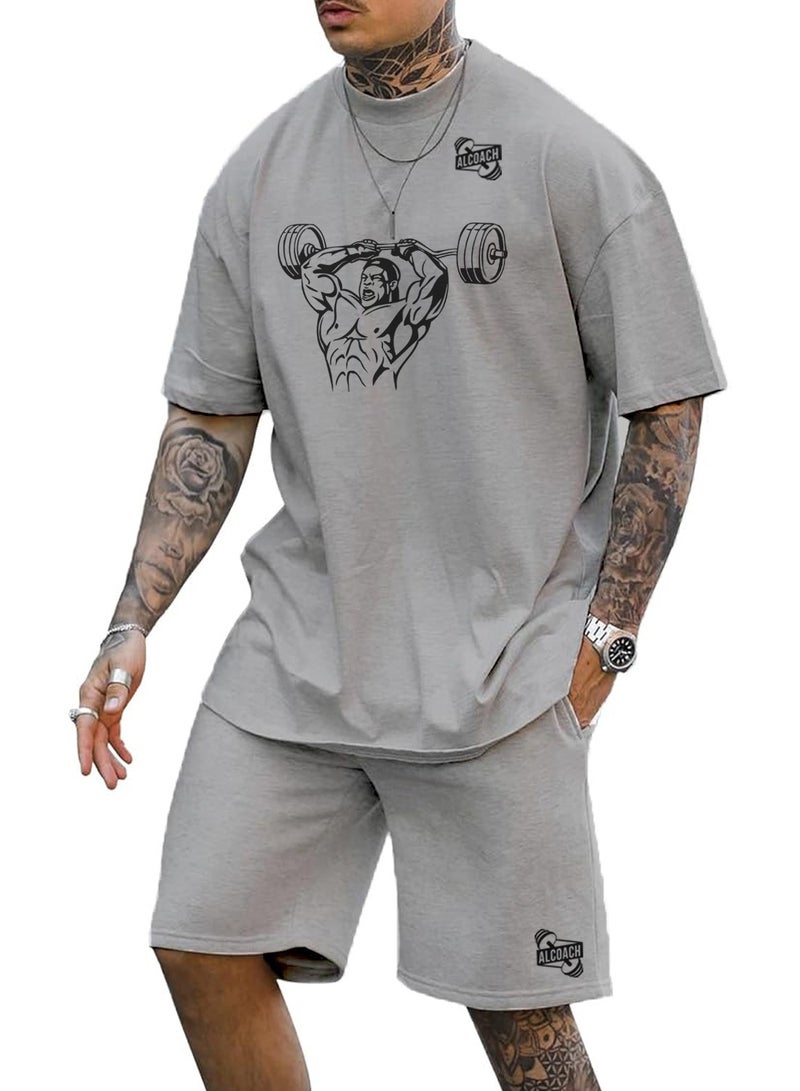 ALCOACH 2Pcs Men's Casual Short Sleeve Tracksuit Summer T Shirt & Shorts Set Waffle Sports Suit Athletic Matching Set with Pockets Khaki  - Image 1