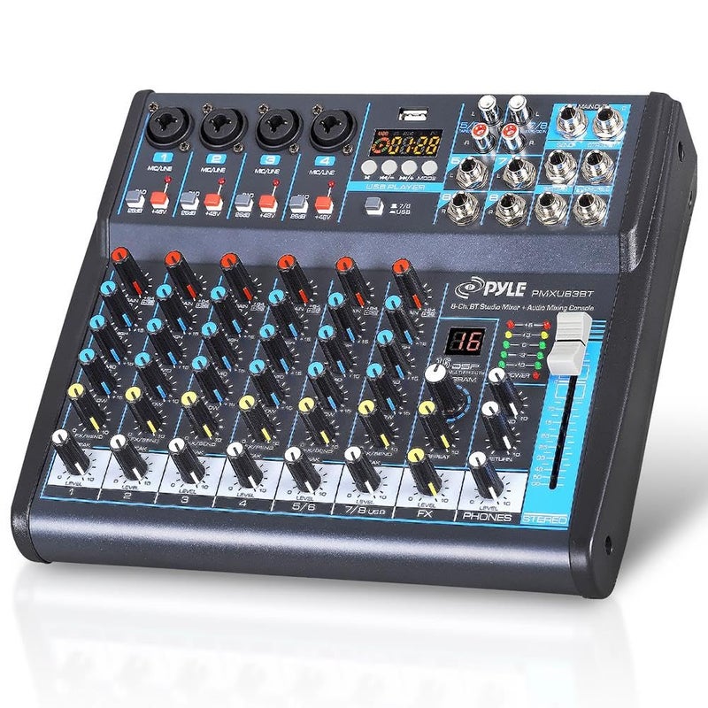 Pyle Professional Audio Mixer Sound Board Console Desk System- Interface 8 Channel Digital USB Bluetooth MP3 Computer Input 48V Phantom Power Stereo DJ Studio FX 16Bit DSP Processor, Black - PMXU83BT - Image 1