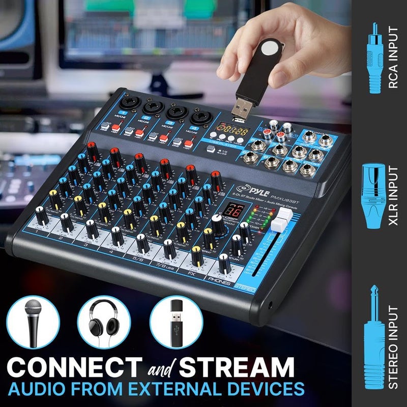 Pyle Professional Audio Mixer Sound Board Console Desk System- Interface 8 Channel Digital USB Bluetooth MP3 Computer Input 48V Phantom Power Stereo DJ Studio FX 16Bit DSP Processor, Black - PMXU83BT - Image 3