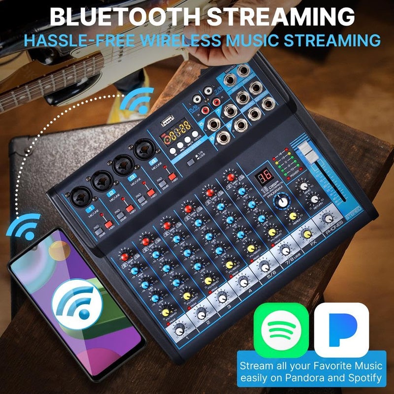 Pyle Professional Audio Mixer Sound Board Console Desk System- Interface 8 Channel Digital USB Bluetooth MP3 Computer Input 48V Phantom Power Stereo DJ Studio FX 16Bit DSP Processor, Black - PMXU83BT - Image 5