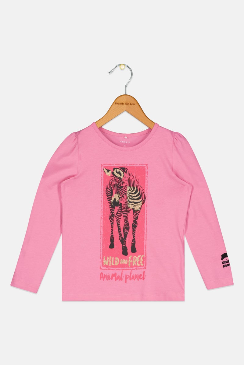 NAME IT Animal Planet Toddlers Girl Crew Neck Long Sleeve Metallic T-Shirt, Pink - Image 1