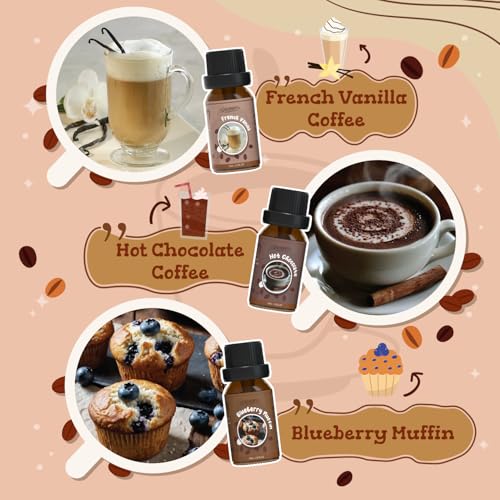 SALUBRITO Coffee Fragrance Oils Set, Premium Essential Oils for Diffuser, Candle, Soap Making, Blueberry Muffin, Eggnog Latte, Caramel Machhiato, Cafe Mocha, French Vanilla, Hot Chocolate, Scented Oil - Image 3