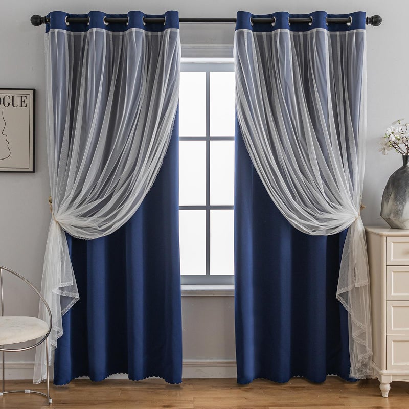 Anytime Home Curtains Blackout and Sheer Layered Solid Window Curtain Panel Pair with Grommet Top, 52Wx63L,Navy Blue - Image 1