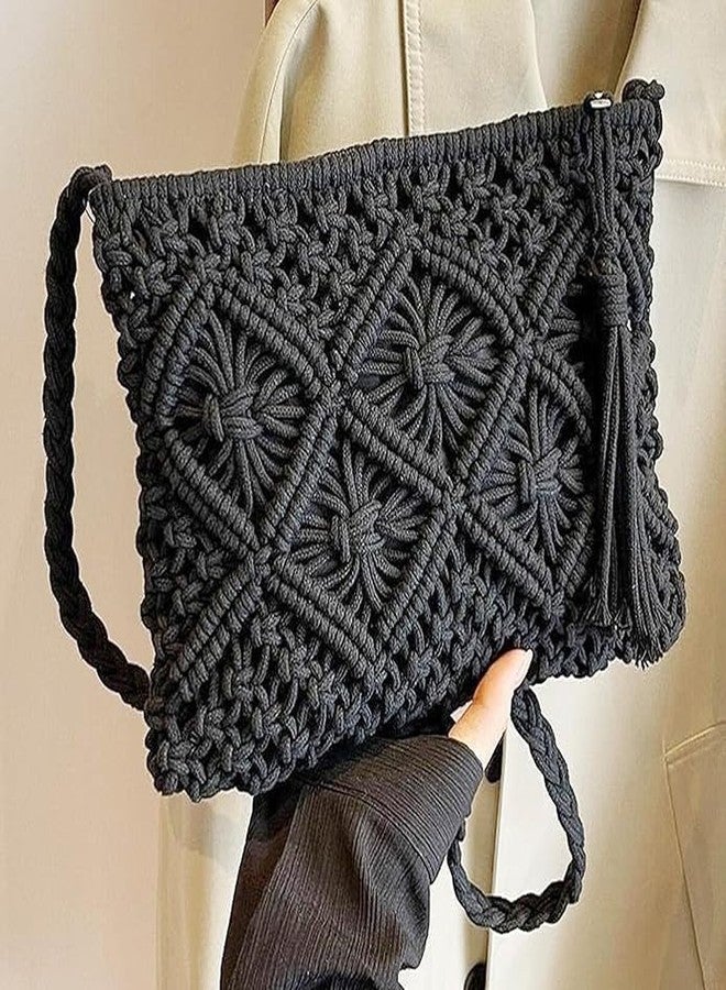 Urooz Macrame Cross-Body Boho Chic Handmade Natural Fiber Cord Yarn Small Mini Casual Festival Beach Bohemian Fringe Tassel Woven Textile BLACK - Image 2