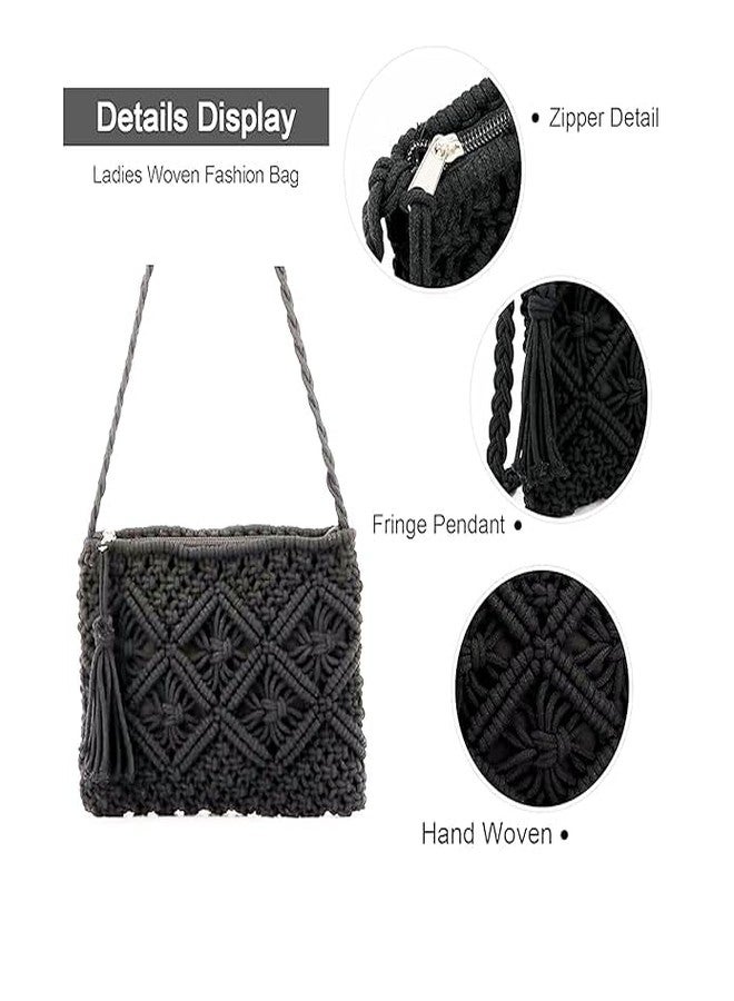 Urooz Macrame Cross-Body Boho Chic Handmade Natural Fiber Cord Yarn Small Mini Casual Festival Beach Bohemian Fringe Tassel Woven Textile BLACK - Image 4