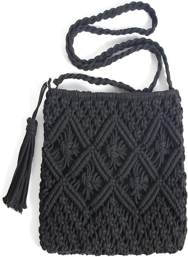 Urooz Macrame Cross-Body Boho Chic Handmade Natural Fiber Cord Yarn Small Mini Casual Festival Beach Bohemian Fringe Tassel Woven Textile BLACK - Image 1