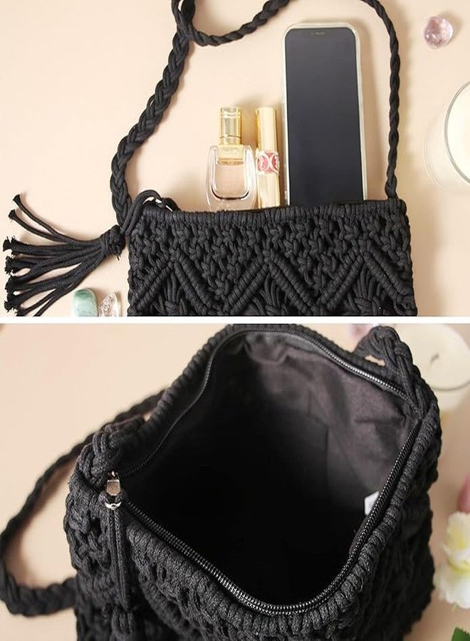 Urooz Macrame Cross-Body Boho Chic Handmade Natural Fiber Cord Yarn Small Mini Casual Festival Beach Bohemian Fringe Tassel Woven Textile BLACK - Image 3