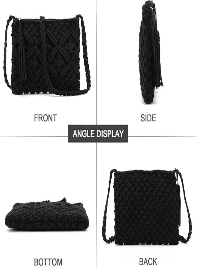Urooz Macrame Cross-Body Boho Chic Handmade Natural Fiber Cord Yarn Small Mini Casual Festival Beach Bohemian Fringe Tassel Woven Textile BLACK - Image 5