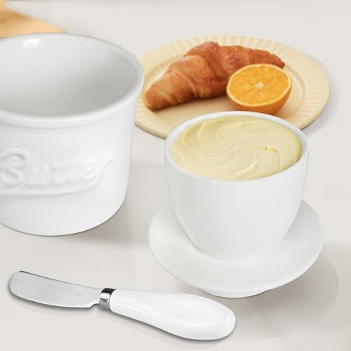 MSJGA Ceramic Butter Crock with Lid & Spreader Knife, Butter Keeper - Ideal Butter Storage & Countertop Butter Dish, White - Image 2