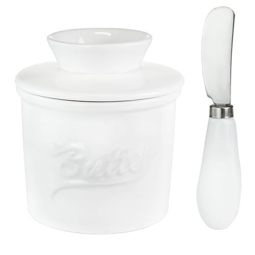 MSJGA Ceramic Butter Crock with Lid & Spreader Knife, Butter Keeper - Ideal Butter Storage & Countertop Butter Dish, White - Image 1