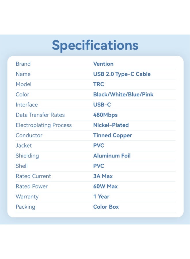 VENTION USB 2.0 Type-C Male to Type-C Male 3A Cable 1M Pink PVC Type Model# TRCPF - Image 4