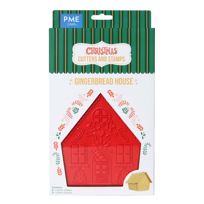 PME CH24CCC102 Christmas Cookie Cutters  Stamps Gingerbread House Set of 3 Plastic Red