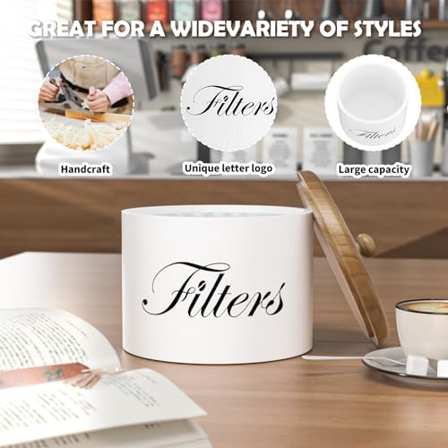 CORTNK Coffee Filter Holder, Wooden Coffee Filter Storage with Lid, Round CoffeeFilterContainer for Counter, Rustic Farmhouse Bar Accessories Decor (White) - Image 2