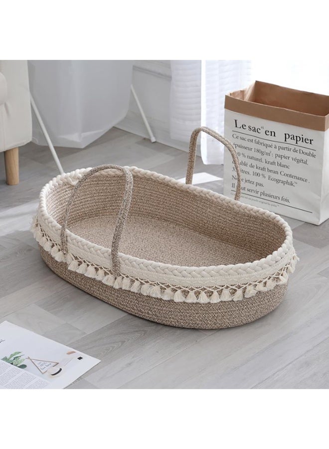 Baby Changing Basket with Removable Mattress, Handmade Woven 100% Cotton Rope Nursery Boho Moses Basket, Baby Shower Bassinet Changing Table Topper, 70x41x13CM (Coffee White) - Image 1