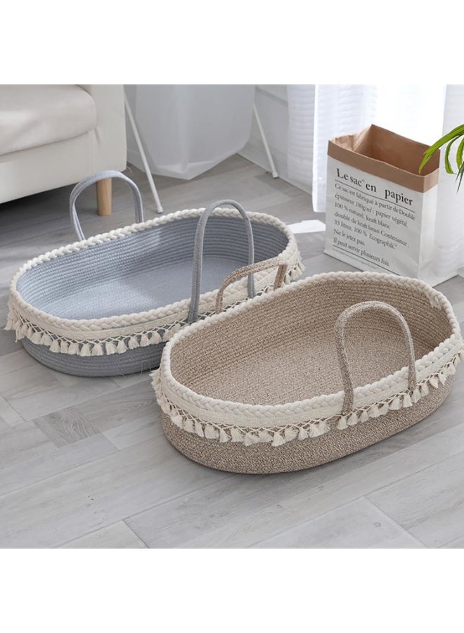 Baby Changing Basket with Removable Mattress, Handmade Woven 100% Cotton Rope Nursery Boho Moses Basket, Baby Shower Bassinet Changing Table Topper, 70x41x13CM (Coffee White) - Image 3