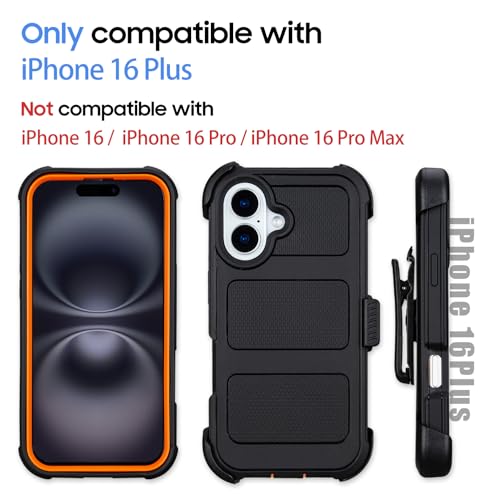 Saiboro for Defender Phone Case iPhone 16 Plus Case with Clip Holster,Heavy Duty Rugged Full-Body Protective,3 Layers of Sturdy,Military-Grade Shockproof Cover for iPhone Plus 16 Case Defender(Black & Orange) - Image 2