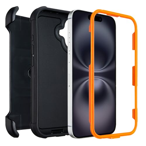 Saiboro for Defender Phone Case iPhone 16 Plus Case with Clip Holster,Heavy Duty Rugged Full-Body Protective,3 Layers of Sturdy,Military-Grade Shockproof Cover for iPhone Plus 16 Case Defender(Black & Orange) - Image 3