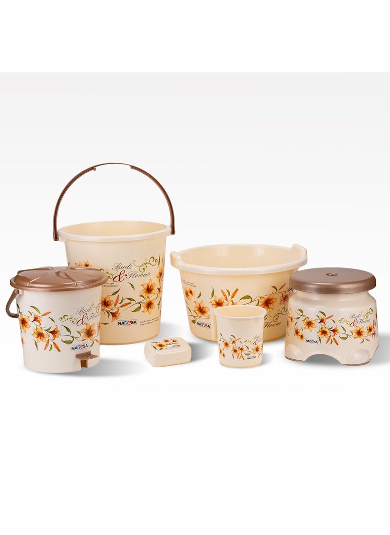 NAYASA Nayasa Bathroom Set Small DLX 6 Pcs | Bkt 25 L + Mug 1.5 L + Basin 20 L+ Dustbin 14 L + 509 Stool + Soap Case | Bathroom Accessory Set Plastic | Bathroom Set | Bath Set for Bathroom | Brown  - Image 1