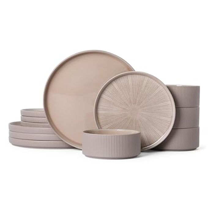 ALOFMO Dinnerware Sets for 4, Ceramic Plates and Bowls Set 12 Piece Dinnerware Chip Resistant Stoneware, Dishwasher and Microwave Safe-Brown