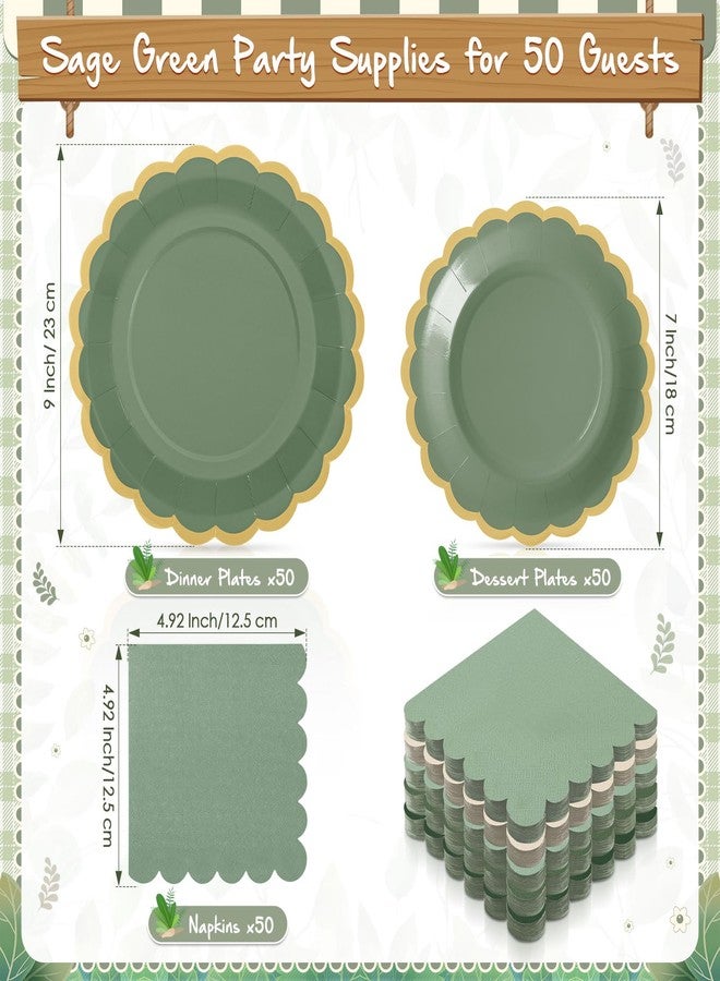 Zhehao 150 Pcs Sage Green Plates and Napkins Tableware Serves 50 Includes 9 Inch 7 Inch Green Scalloped Edges Paper Plate and Napkins for Wedding Birthday Baby Shower Party - Image 5