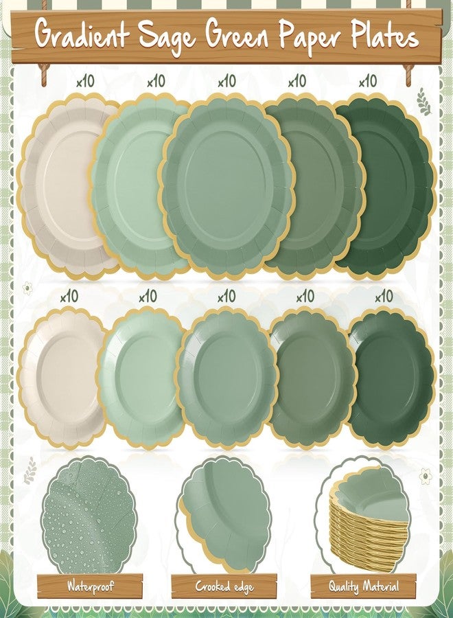 Zhehao 150 Pcs Sage Green Plates and Napkins Tableware Serves 50 Includes 9 Inch 7 Inch Green Scalloped Edges Paper Plate and Napkins for Wedding Birthday Baby Shower Party - Image 3