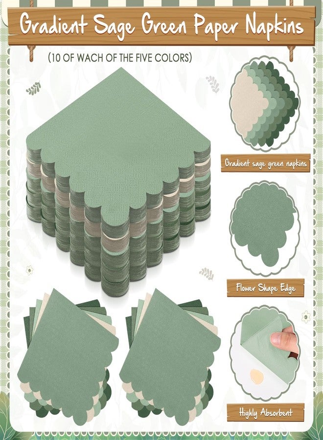 Zhehao 150 Pcs Sage Green Plates and Napkins Tableware Serves 50 Includes 9 Inch 7 Inch Green Scalloped Edges Paper Plate and Napkins for Wedding Birthday Baby Shower Party - Image 4