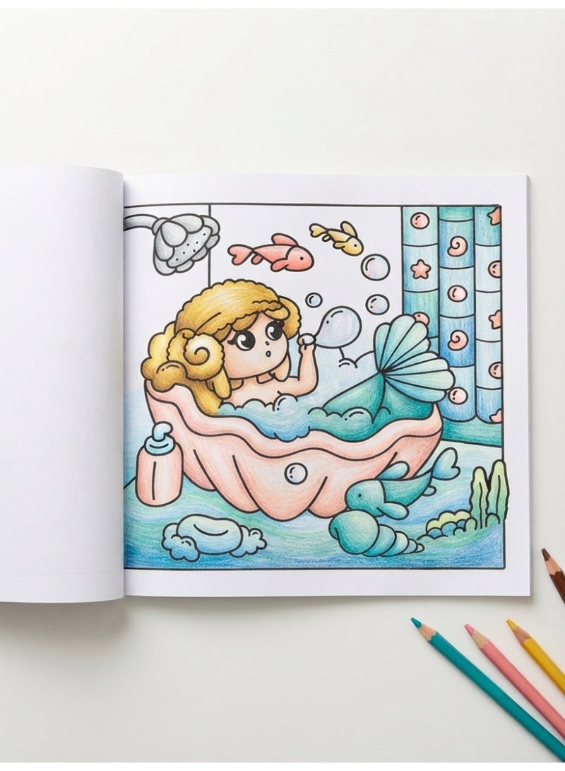 كتاب تلوين حورية البحر بتصميم كاواي - مشاهد لطيفة تحت الماء بخطوط عريضة، 24 صفحة بجهة واحدة (20x20 سم) - Image 5