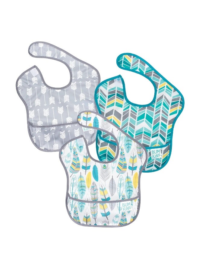 Bumkins Bibs for Girl or Boy, SuperBib Baby and Toddler for 6-24 Months, Essential Must Have for Eating, Feeding, Baby Led Weaning Supplies, Mess Saving Catch Food, 3-pk Feathers, Arrows and Quill - Image 1