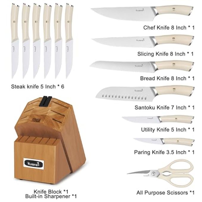 KUISINE Damascus Knife Block Set,Sharp Knife Set,Ergonomic Non-Slip Handle,Chef Knife Set With Built-In Sharpener,Luxury Gift For Holiday(Silver,14Pcs) - Image 5
