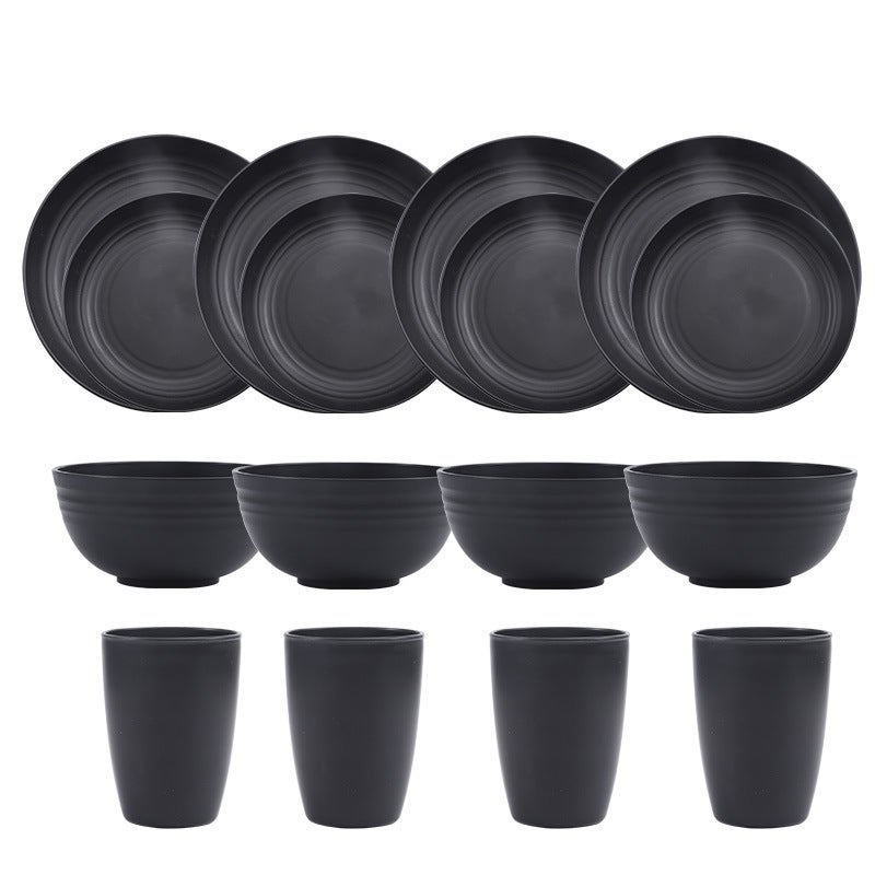 Cross-Border Supply Black Wheat Straw Pp Plate Dish Cup Home Dining Plate Soup Bowl Cup Tableware Set([16-piece set] 4 cups, 4 bowls, 4 small plates, 4 large plates) - Image 1