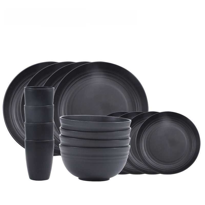 Cross-Border Supply Black Wheat Straw Pp Plate Dish Cup Home Dining Plate Soup Bowl Cup Tableware Set([16-piece set] 4 cups, 4 bowls, 4 small plates, 4 large plates) - Image 4