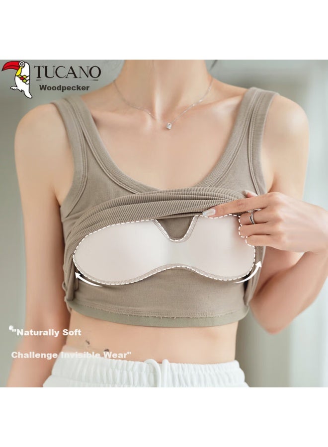 Tucano Women's Camisole With Padded Bra Slim Fit U-back Integrated Bra Tank Top Coffee Color L - Image 2