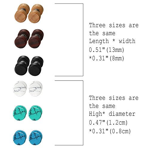 Cupimatch 6 Pairs 8MM Marble Stone Wood Screw Stud Earrings Set,Cupimatch Ear Piercing Plugs Faux Gauges Illusion Tunnel Earrings for Halloween (8 mm) - Image 3