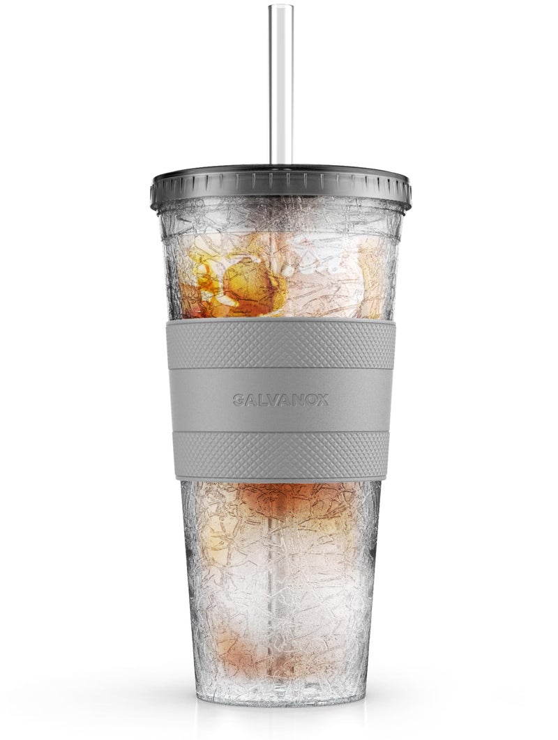GALVANOX Freezable Iced Coffee Cup with Lid and Straw (20oz) Reusable Insulated Ice Tumbler with Grip Sleeve (Smoke) - Image 1