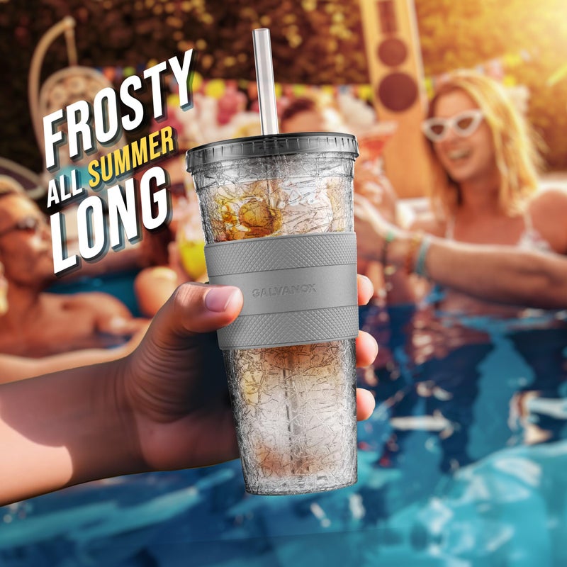 GALVANOX Freezable Iced Coffee Cup with Lid and Straw (20oz) Reusable Insulated Ice Tumbler with Grip Sleeve (Smoke) - Image 4