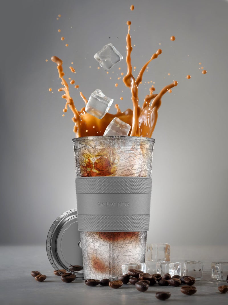 GALVANOX Freezable Iced Coffee Cup with Lid and Straw (20oz) Reusable Insulated Ice Tumbler with Grip Sleeve (Smoke) - Image 3