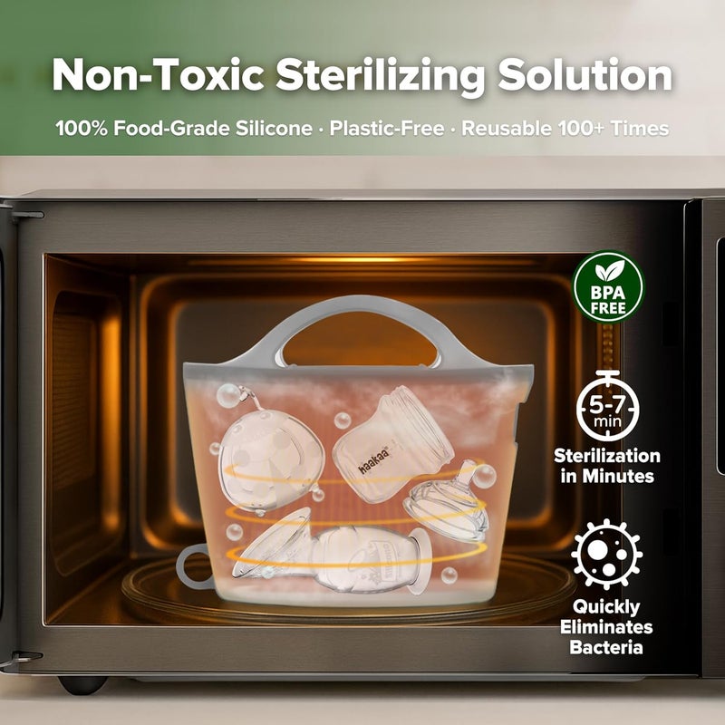 Haakaa Silicone Microwave Steamer & Steriliser Bag - Reusable Silicone Steaming Bags for Baby Bottles, Breast Pump, Accessories, Pacifiers and Teethers - Grey, 2PC (1250ml) - Image 2