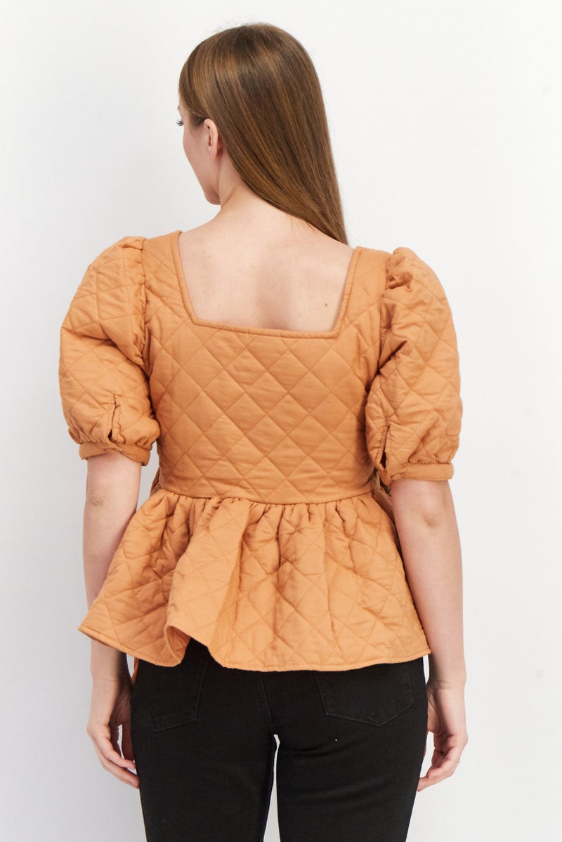 Asos Design Women Surplice Neck Puffed Sleeves Quilted Top, Brown - Image 3