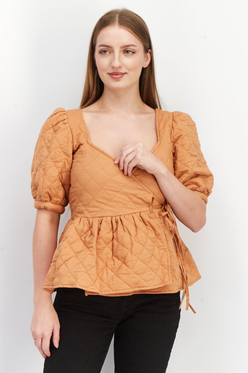 Asos Design Women Surplice Neck Puffed Sleeves Quilted Top, Brown - Image 1
